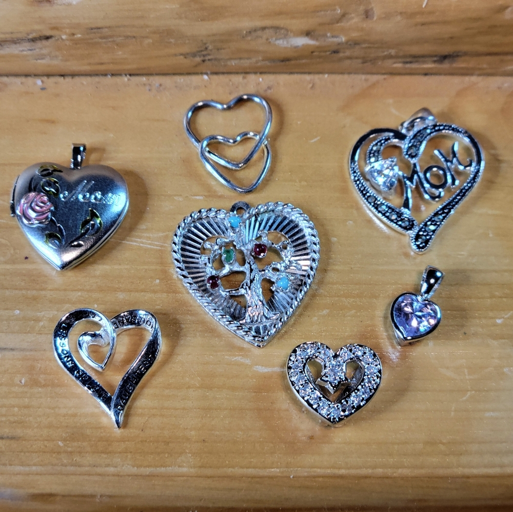 Set of 7 Sterling Silver Heart Pendants 925 Charms Retro Costume Jewelry